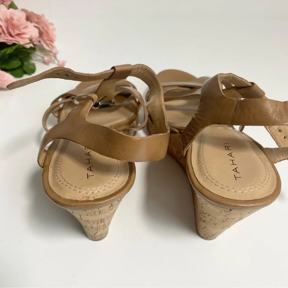 Tahari Sarah Brown Leather Strappy Wedge Sandals